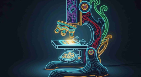 Microscope on a dark background. Vector illustration in neon style.の写真素材