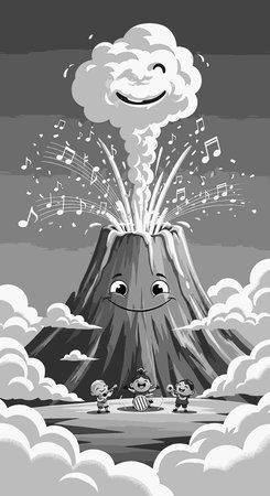Cartoon volcano with people and music notes. Vector illustration for children.の写真素材