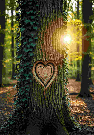 Heart on the trunk of a tree in the autumn forest with sun raysの写真素材
