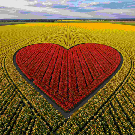 Aerial view of tulip field in the shape of heart.の写真素材