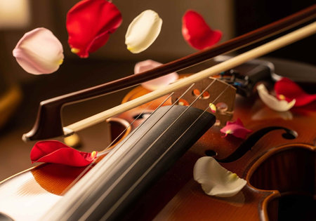 violin and rose petals on the table, close-upの写真素材