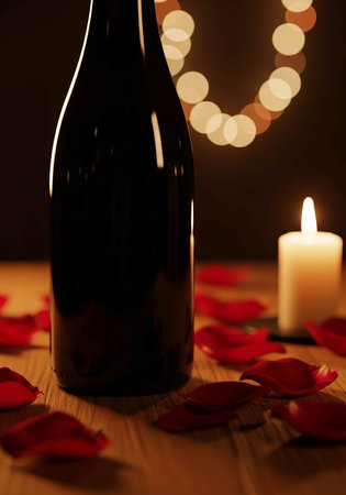 Wine bottle and rose petals on wooden table on dark backgroundの写真素材