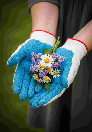 Hands in blue gloves holding a bouquet of wildflowersの写真素材