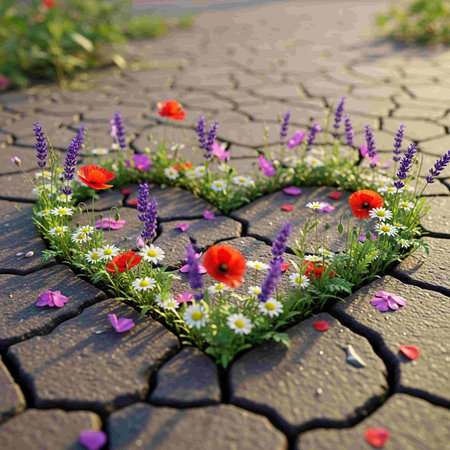 Heart made of flowers on the ground in the garden. Love conceptの写真素材