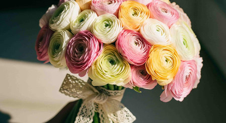 wedding bouquet of pink and yellow ranunculus flowersの写真素材