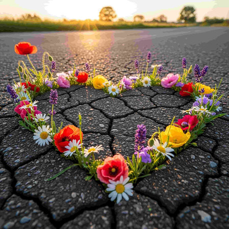 Heart shape made of flowers on the asphalt road with sunset in the backgroundの写真素材