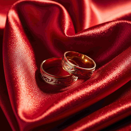 wedding rings on red satin background with shallow dof