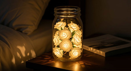 A bouquet of white roses in a glass jar on the bed