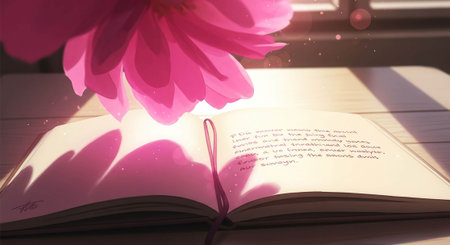Open book with pink flower on the table in the morning light.の写真素材