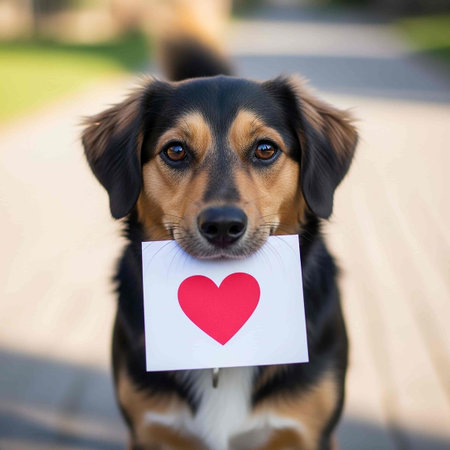 Dog holding a card with a heart in the shape of a heartの写真素材