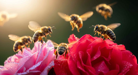 Honey bees collect nectar from a rose flower. Honeybee gathering nectar on a flower.の写真素材