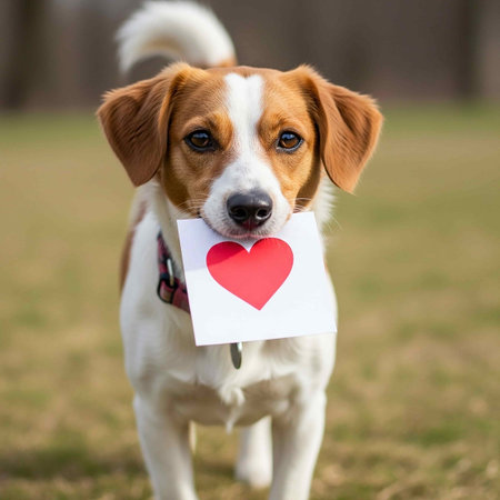Beagle dog holding a card with a heart in the park.の写真素材