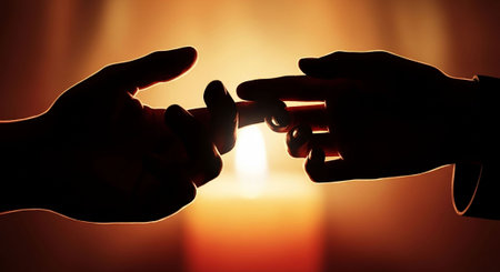 Silhouette of two hands holding a piece of metal on a blurred backgroundの写真素材