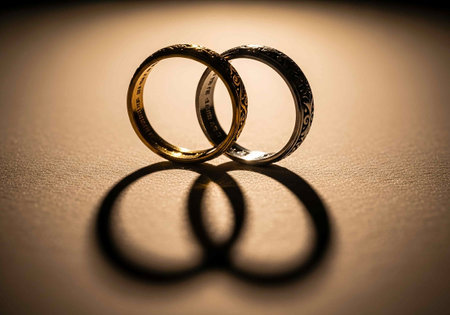wedding rings on a brown background with a shadow of the ringの写真素材