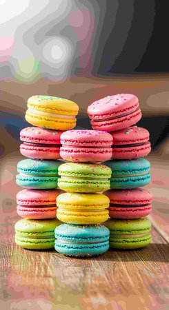 Colorful macaroons on wooden background. Toned image.