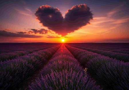 Beautiful sunset over lavender field with heart shape in the skyの写真素材