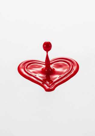 Red drop of liquid on white background, top view, close upの写真素材