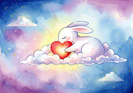Hand drawn watercolor illustration of a cute white rabbit with a red heart in the clouds.の写真素材
