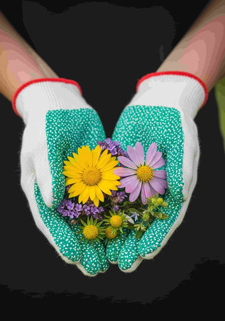 Hands in protective gloves holding a bouquet of wildflowersの写真素材