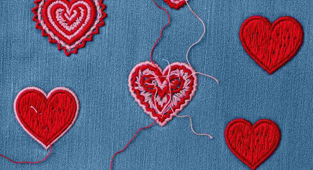 Embroidery hearts on denim background. Red and white hearts embroidered with threads.