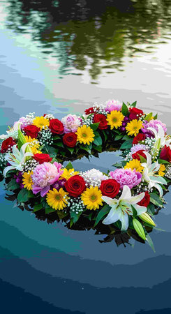Wreath of flowers on the background of the water. Floral background.