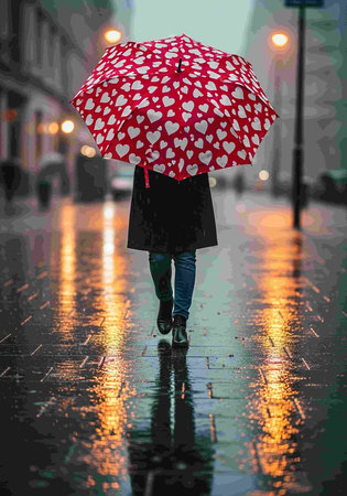 Illustration of a woman walking in a rainy street with an umbrellaの写真素材