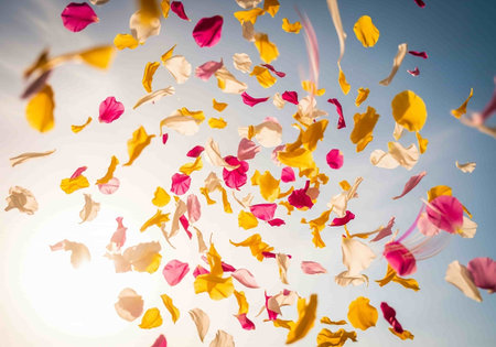 colorful flower petals fly in the air against the blue skyの写真素材