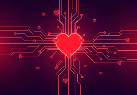 Circuit board with red heart shape. Technology background. Vector illustration