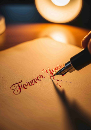 Fountain pen on an old book with the word forever written in itの写真素材