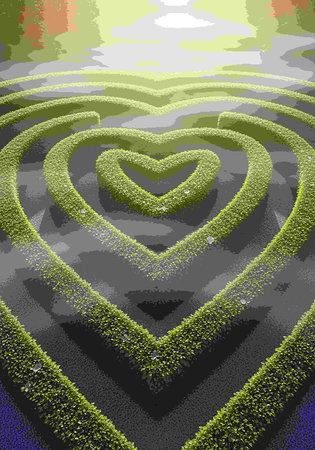 A 3D illustration of a heart shaped maze with green grass.の写真素材