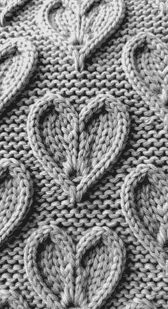 Knitted pattern with hearts. Handmade knitted background. Close-up.
