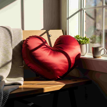 Red heart shaped pillow on a window sill. 3D rendering.の写真素材