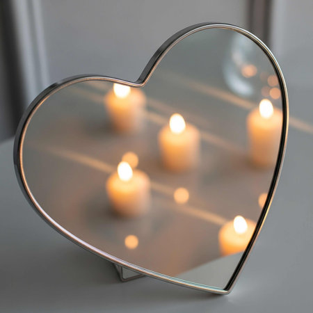 Heart shaped mirror with burning candles on grey background, closeup viewの写真素材