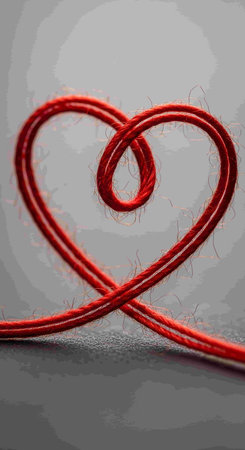 Red thread in the form of a heart on a gray background.の写真素材