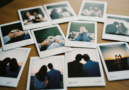 Photo album with photos of people sitting on the table and drinking coffeeの写真素材