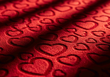 Red satin background with hearts. Valentine's day concept. Soft focus.の写真素材