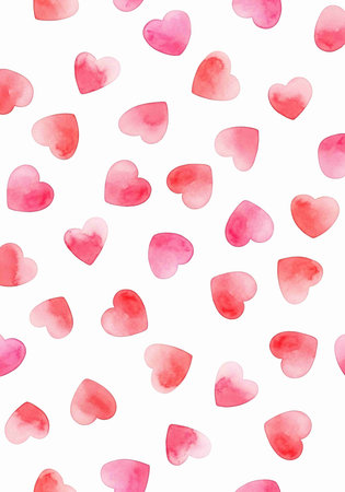 Seamless pattern with watercolor red hearts on a white backgroundの写真素材