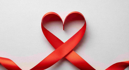 Red ribbon in the shape of a heart on a white background.の写真素材