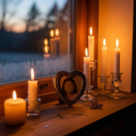 Burning candles in the shape of a heart on the windowsill.の写真素材