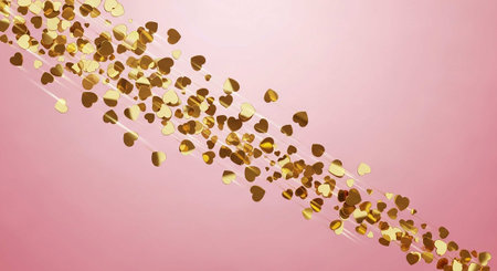 Gold heart confetti on pink background. Valentine's day concept. 3D Rendering