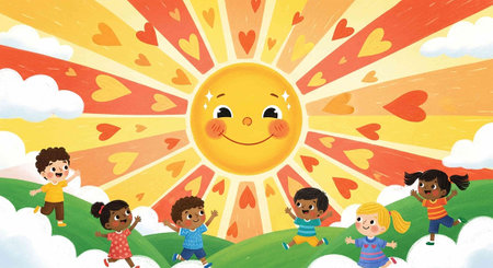 Background scene with happy kids in the field illustration for children graphic designの写真素材