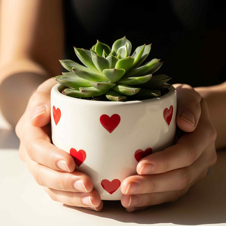 Female hands holding a pot with succulents and hearts on itの写真素材