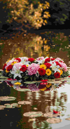Flower arrangement in the water with reflection on the surface of the water