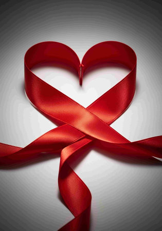 Red ribbon in the shape of a heart on a gray background.の写真素材