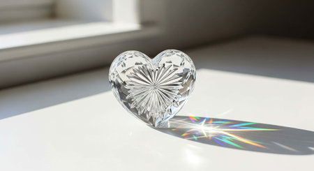 glass heart on the windowsill with rays of light and shadow.