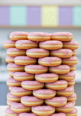 Group of pink donuts on shelf, stock photoの写真素材