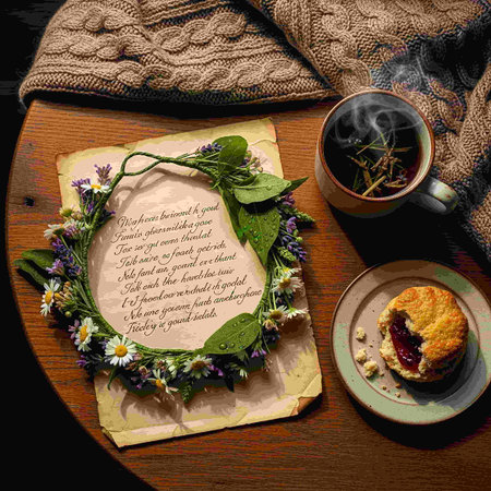 Cup of coffee, scone and a wreath of wildflowers on a wooden tableの写真素材