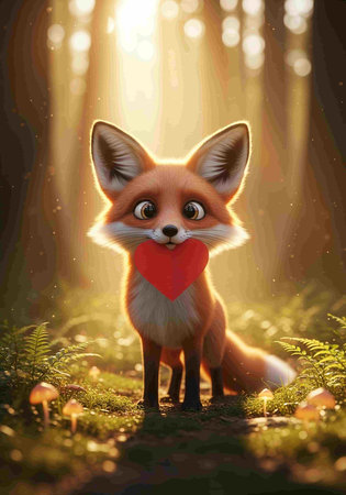 Illustration of a cute fox with a red heart in the forest