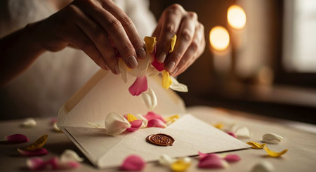 Closeup of woman's hands decorating a gift box with flowers