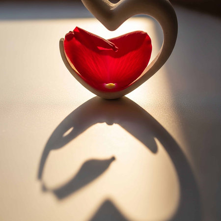 Red rose petal in the shape of a heart on white backgroundの写真素材